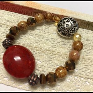 Red Stone & Silver Medallion Reversible Bracelet